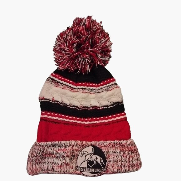 Centered Riding Knit Beanie Hat Pom Red Black Equestrian Logo Sport Tek Cap - Picture 5 of 5